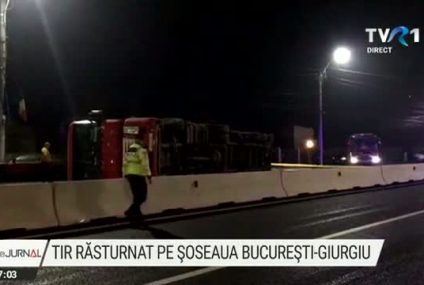 Un tir înmatriculat în Belarus, încărcat cu materiale de construcții, s-a răsturnat pe șoseaua Giurgiu – București. Traficul a fost deviat toată noaptea