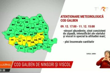 ANM: Cod galben de ninsori abundente și viscol în 14 județe, până vineri la ora 15.00