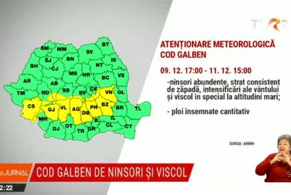 ANM: Cod galben de ninsori abundente și viscol în 14 județe, până vineri la ora 15.00