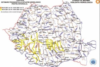 Cod portocaliu și cod galben de inundații pentru râuri din Caraş-Severin, Gorj, Mehedinţi, Vâlcea şi Argeş