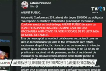 Un medic de familie din Călărași amenință că scote din listă pacienții care refuză vaccinarea împotriva COVID-19