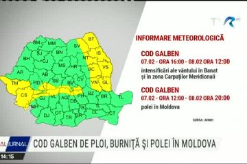 ANM: Coduri galbene de polei, ploi moderate și vânt puternic în 20 de județe, până luni seara