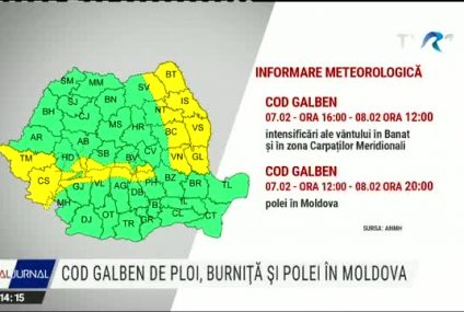 ANM: Coduri galbene de polei, ploi moderate și vânt puternic în 20 de județe, până luni seara