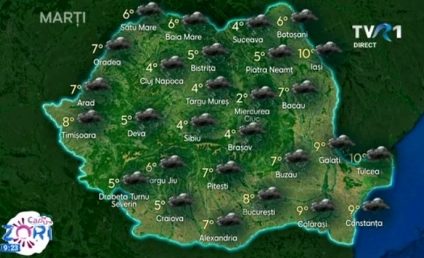 Cum va fi vremea astăzi: ploi în toată țara, temperaturi maxime între 2 și 10 grade Celsius. Ninsori în Maramureș, Transilvania, Moldova și la munte