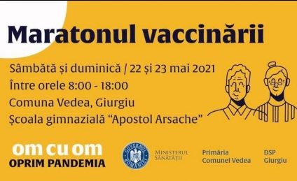 Ministrul Sănătății participă sâmbătă la Maratonului Vaccinării din localitatea Vedea, județul Giurgiu. Evenimentul se va desfășura sâmbătă și duminică, în intervalul orar 8.00 – 18.00