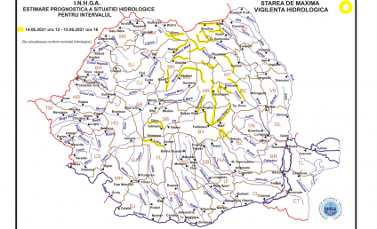 INHGA: Cod galben de inundaţii pe râuri din 13 judeţe, până marţi la ora 16:00