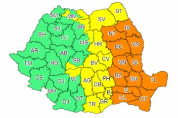 Cod portocaliu de ploi abundente în 12 județe, cod galben în 16 județe și în Capitală, până miercuri noapte