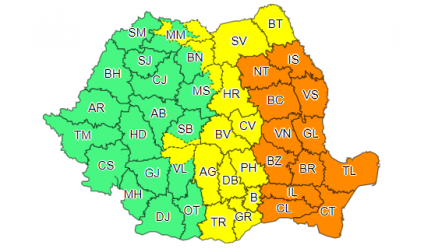 Cod portocaliu de ploi abundente în 12 județe, cod galben în 16 județe și în Capitală, până miercuri noapte