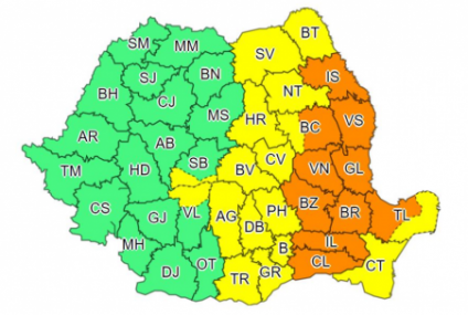 Cod portocaliu de ploi abundente în 10 județe. Avertizare cod galben în 14 județe și în Capitală până la ora 23.00. După ora 23.00, avertizare pentru 15 județe