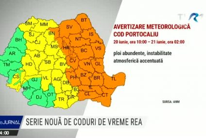 COD ROȘU | Ploi torenţiale în localităţi din judeţele Bacău, Vrancea, Brăila şi Galaţi. Cod roşu de inundaţii pe râuri din judeţul Tulcea. Cod portocaliu de ploi abundente în 19 judeţe, Cod galben de averse în 17 judeţe, până luni dimineaţa