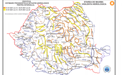 Cod portocaliu şi Cod galben de inundaţii în 12 bazine hidrografice şi pe râurile din Dobrogea, până sâmbătă