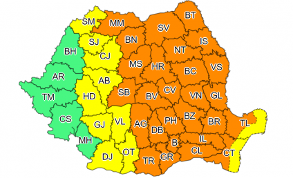 Cod portocaliu pentru mai mult de jumătate din țară. Ploi abundente, descărcări electrice, vijelii si grindină
