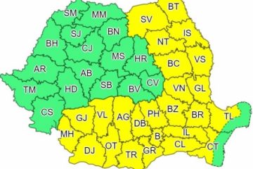 METEO | Cod galben de caniculă în judeţe din sud-est, alerte de furtuni în zone din 15 judeţe