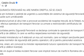 Ministrul Tranurilor: Cu siguranţa feroviară nu are dreptul nimeni să se joace. Operatorul privat al cărui tren a provocat accidentul de la Feteşti nu va mai putea efectua operaţiuni de tran