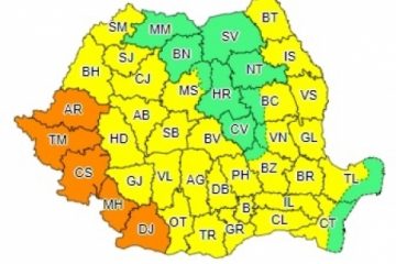 Cod galben de caniculă şi disconfort termic ridicat, în toată ţara. Cod portocaliu în Arad, Timiş, Caraş-Severin, Mehedinţi şi Dolj. Instabilitate atmosferică în nordul ţării