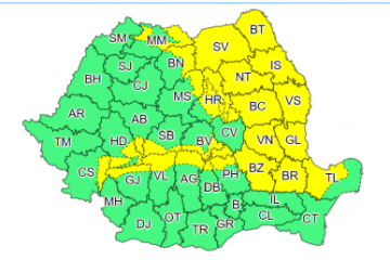 Informare meteo de ploi în cea mai mare parte a țării. Cod galben de ninsoare în Moldova, în estul Transilvaniei și zona Carpaților Orientali