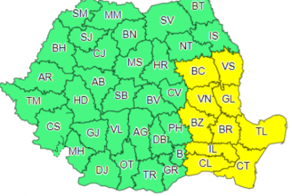 Cod galben de intensificări ale vântului, emis pentru 11 judeţe şi Municipiul Bucureşti, până marţi dimineaţa