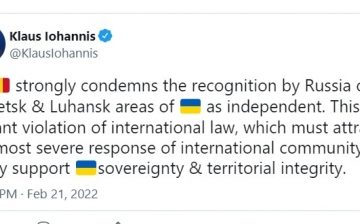 Klaus Iohannis:  România condamnă ferm recunoașterea de către Rusia a independenței zonelor Donețk și Lugansk. Este o încălcare flagrantă a dreptului internațional