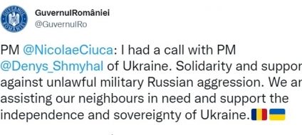 Premierul Nicolae Ciucă a vorbit la telefon cu premierul Ucrainei: Ne ajutăm vecinii la nevoie și sprijinim independența și suveranitatea Ucrainei