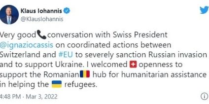 Klaus Iohannis a discutat cu președintele elvețian despre acțiunile coordonate dintre Elveția și UE privind sancționarea invaziei ruse