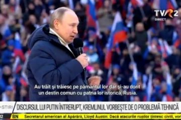 Putin a sărbătorit pe stadion, la Moscova, 8 ani de la anexarea Crimeei. Discursul lui a fost întrerupt, Kremlinul vorbește de o problemă tehnică
