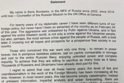 Un înalt diplomat rus a demisionat de la ONU din cauza războiului din Ucraina: Niciodată nu mi-a fost atât de rușine de țara mea ca pe 24 februarie