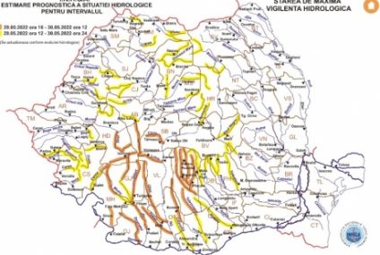 Cod portocaliu de inundaţii pe râuri din 11 judeţe din Transilvania, Oltenia şi Muntenia, până luni la ora 12:00. Cod galben în 31 de județe până la ora 24.00