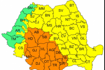 Cod portocaliu de averse şi vijelii în 12 judeţe şi în Capitală. Restul ţării, sub cod galben de ploi