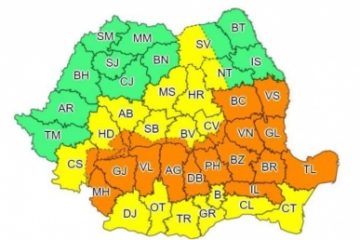 Cod portocaliu de averse torenţiale şi vijelii puternice în jumătatea de sud a Moldovei, nordul şi estul Munteniei şi nordul Dobrogei. Cod galben de instabilitate atmosferică în alte zone