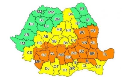 Cod portocaliu de averse torenţiale şi vijelii puternice în jumătatea de sud a Moldovei, nordul şi estul Munteniei şi nordul Dobrogei. Cod galben de instabilitate atmosferică în alte zone