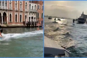 VIDEO Primarul Veneției îi face „idioți” pe doi turiști care au făcut surfing pe Grand Canal. El a oferit o cină, pentru găsirea lor, iar apoi i-a expluzat