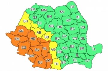 Cod portocaliu de ploi şi vijelii valabil pentru 11 judeţe de astăzi, de la ora 14:00, până luni, la ora 12:00. În sudul și sud-estul țării, persistă canicula