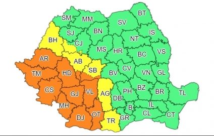 Cod portocaliu de ploi şi vijelii valabil pentru 11 judeţe de astăzi, de la ora 14:00, până luni, la ora 12:00. În sudul și sud-estul țării, persistă canicula