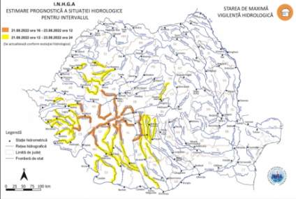 INHGA: Avertizări cod galben și cod portocaliu de inundații și viituri, valabile până în 23 august