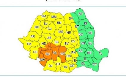 Cod galben de ploi însemnate cantitativ în cea mai mare parte a țării, până luni, la ora 22.00. Cod portocaliu, în opt județe din nordul Olteniei şi nord-vestul Munteniei