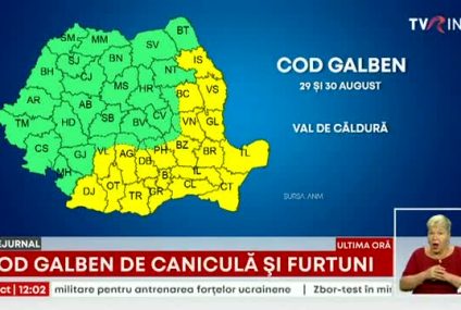 Cod galben de furtuni şi ploi în zone din 19 judeţe, până marţi dimineaţa. Caniculă în sud și est