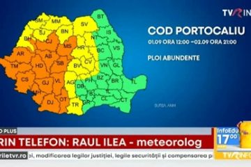 Prognoza meteo actualizată de ANM: Cod portocaliu de ploi abundente pentru 14 judeţe. Cod galben pentru 17 judeţe