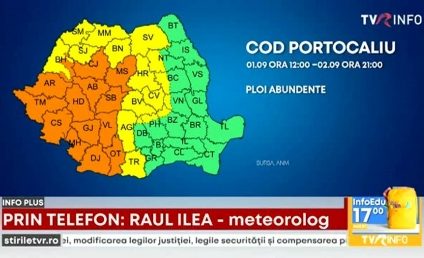 Prognoza meteo actualizată de ANM: Cod portocaliu de ploi abundente pentru 14 judeţe. Cod galben pentru 17 judeţe