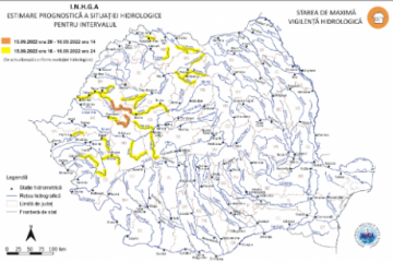 Cod portocaliu de inundaţii şi o atenţionare Cod galben pentru râuri din 10 bazine hidrografice, joi şi vineri