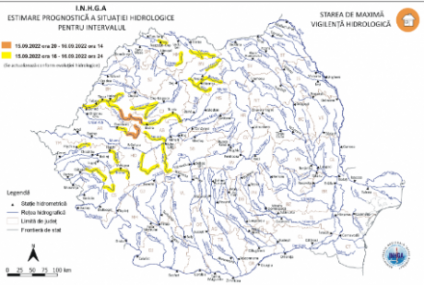 Cod portocaliu de inundaţii şi o atenţionare Cod galben pentru râuri din 10 bazine hidrografice, joi şi vineri