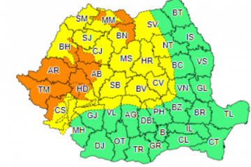 Cod galben de vânt puternic, în zonele montane şi temporar în sudul şi estul Transilvaniei, până la ora 22.00