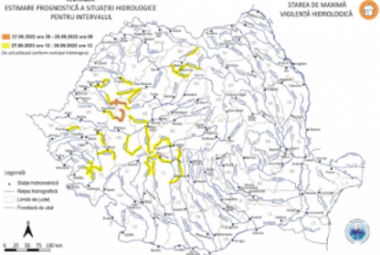 Cod galben şi Cod portocaliu de inundaţii, până miercuri la prânz, pe râuri din 13 bazine hidrografice