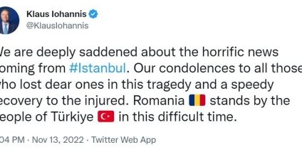 Președintele Iohannis: Suntem profund întristați de veștile îngrozitoare care vin din Istanbul. România este alături de poporul turc