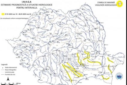 INHGA: Atenţionare Cod galben de viituri pe râuri din Oltenia şi Muntenia, până sâmbătă la prânz
