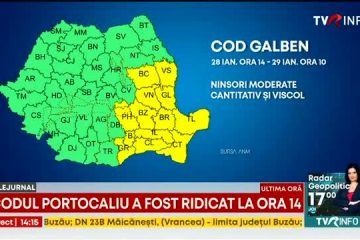 Codul galben de vreme rea, restrâns la 14 județe din estul și sud-estul ţării și în Capitală. Codul portocaliu a fost ridicat