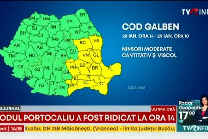 Codul galben de vreme rea, restrâns la 14 județe din estul și sud-estul ţării și în Capitală. Codul portocaliu a fost ridicat