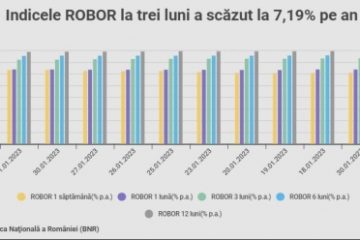 Indicele ROBOR la trei luni a scăzut la 7,19% pe an