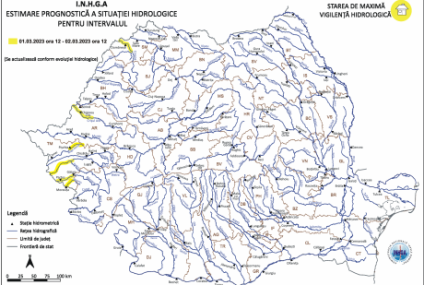 Cod galben de inundaţii în şase bazine hidrografice, până joi la prânz