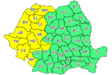 Cod galben de vreme instabilă în 14 judeţe, miercuri; în Bucureşti, posibile averse spre seară