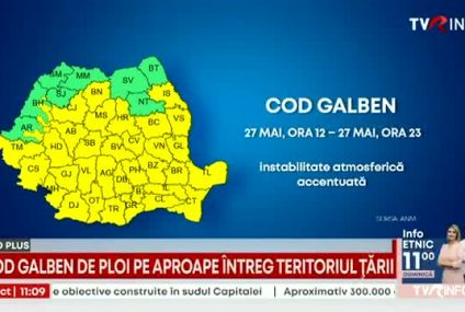 Cod galben de furtună și ploi în aproape toată țara, până la ora 23.00. Vor fi frecvente descărcări electrice, averse torenţiale, intensificări de scurtă durată ale vântului, vijelii şi grindină